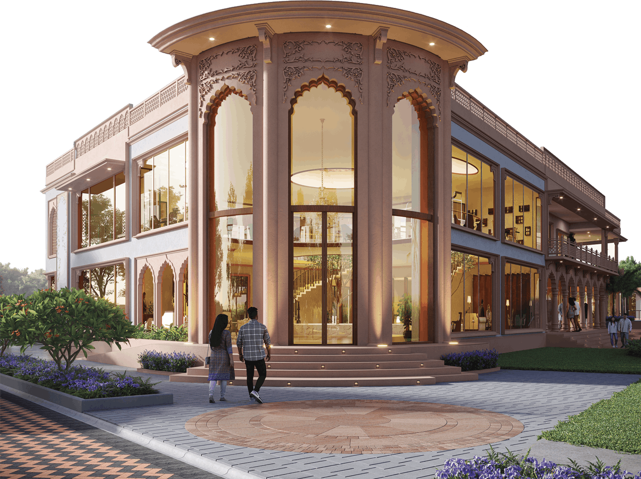 The Emerald Park clubhouse, a curved glass and sandstone pavilion at dusk