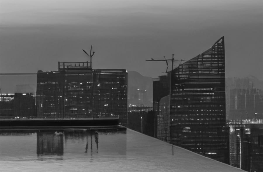 City skyline at dusk
